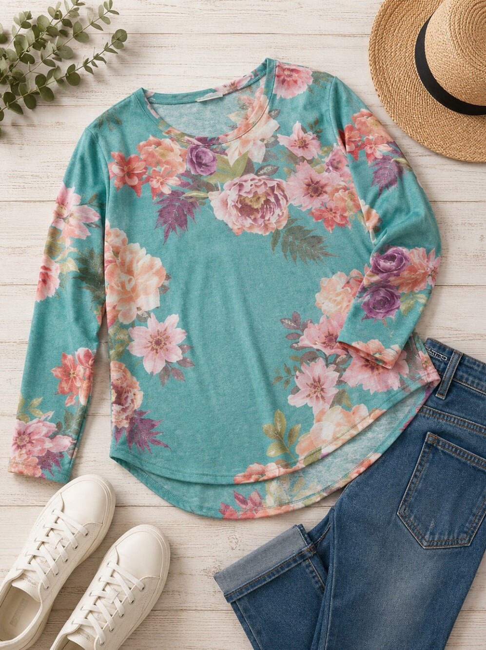 Soft Surroundings Teal Floral Lightweight Sweater